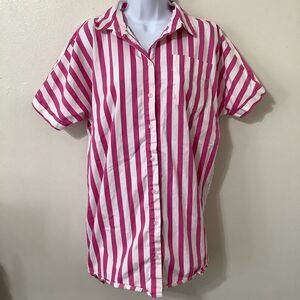Pink White Spring Summer Striped Coastal Beachy Cotton Button Up Shirt Dress XS